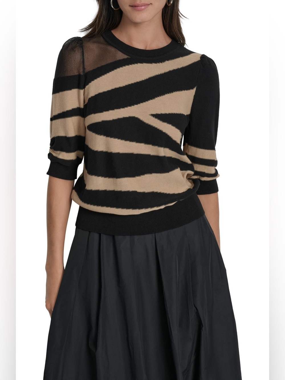 DKNY Zebra Stripe Three-Quarter Sleeve Mesh Sweater Black Tan XL NWT